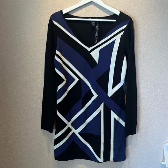 New INC Women’s Geometric Black Blue Tunic v Neck Sweater Size Large NWT - Picture 2 of 7